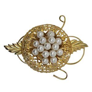 Vintage Gold Tone Brooch Pin Faux Pearl Filigree Floral Leaf Scroll Design